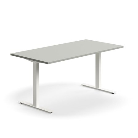 Skrivebord QBUS, lige, 1600x800 mm, T-stel, hvidt stel, lys grå