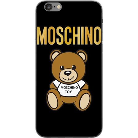 Kompatibelt Mobilskal till Apple Apple iPhone 6 Plus Moschino-inspirerad nallebjörn med text på tröjan, centrerad mot svart bakgrund med tydlig mod