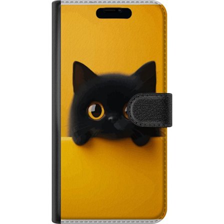 Kompatibelt Plånboksfodral till OnePlus OnePlus Nord 3 Svart katt sticker upp över gul kant - ren och modern illustration med stora ögon, lekfullt