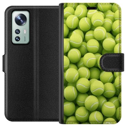 Yhteensopiva Lompakkokotelo Xiaomi Xiaomi 12 Vihreiden tennispallojen kuvio korkealla tarkkuudella, urheilullinen motiivi toistettavalla tekstuurilla