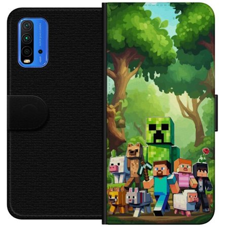 Yhteensopiva Lompakkokotelo Xiaomi Redmi Note 9 4G Jämäkkä pikselöity pelimaailma, jossa vihreät hahmot ja eläimet rehevässä metsäympäristö