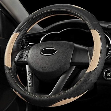 Leather Car Steering Wheel Cover, Universal 15 inch, Breathable Anti-Slip, Thin Soft Microfiber Leather (Black-Beige)