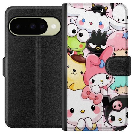 Yhteensopiva Lompakkokotelo Google Pixel 10 Tiheä kuvio suloisia hahmoja, joilla on suuret silmät eri väreissä ja ilmeissä LABUBU-tekstillä