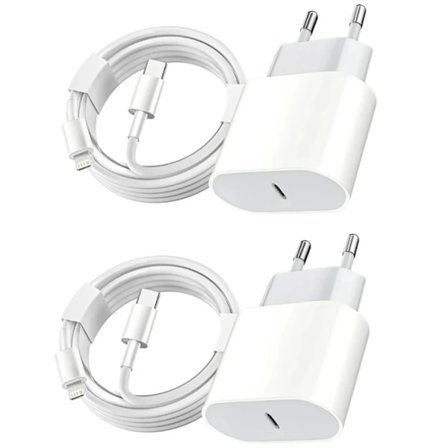2 Pack Laddare till iPhone + kabel USB-C 20W Snabbladdare vit