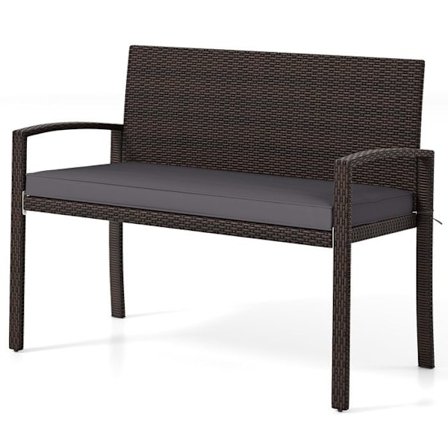 Rattan PE Udendørs Bænk 2 Pladser COSTWAY, Blød Sædepude, Ryg og Armlæn, Aftageligt Betræk, Belastning på 360KG, Grå