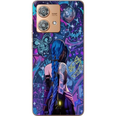 Yhteensopiva Puhelinkuori Motorola Motorola Edge 40 Neo Värikäs graffitipiirros, jossa on sinisellä hiuksilla varustettu hahmo kaupunkimaisessa neo