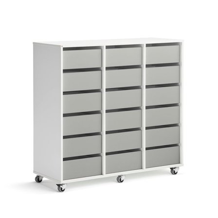 Elevförvaring CASPER, 18 lådor, hjul, vit, grå
