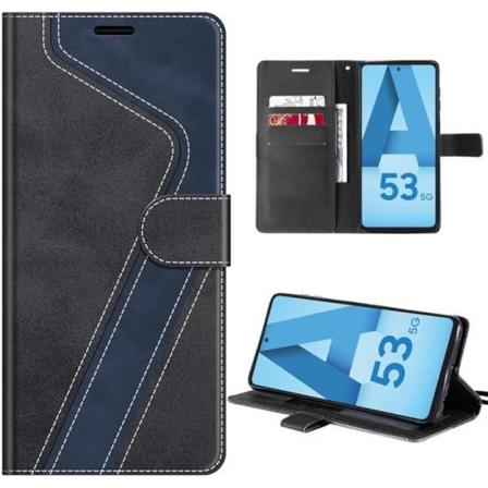 Etui til Samsung Galaxy A53 5G, Tofarvet beskyttelse i PU-læder og stødsikker TPU - Sort-Marineblå Svart, Marinblå