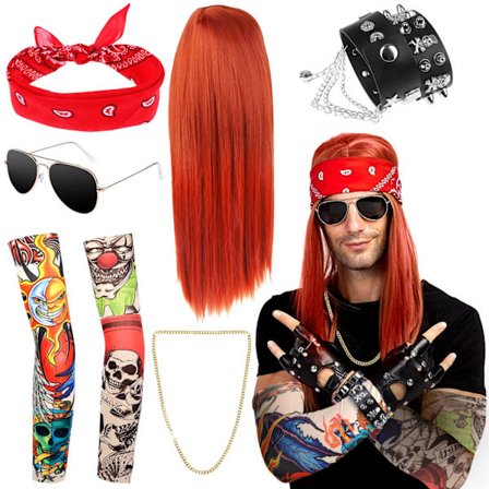 8 Pak Rocker Fancy Dress Tilbehør 70'erne 80'erne 90'erne Kostume Paryk R - Perfekt