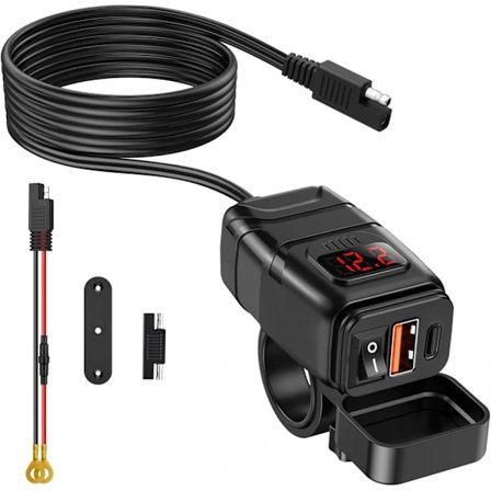 12V USB-uttak, hurtiglading 3.0 PD Type C & USB-lader motorsykkeluttak med på/av-knapp og LED-voltmeter, vanntett SAE-til-dobbel USB