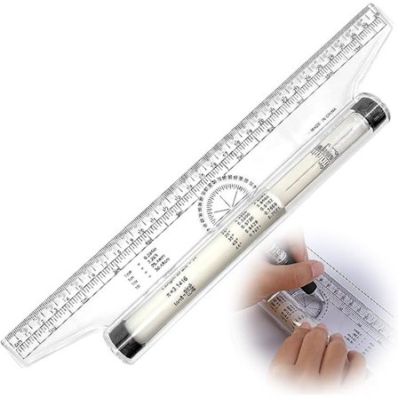 30 cm:n pyörivä viivotin, 1 kpl muovinen pyörivä kulmaviivotin, läpinäkyvä