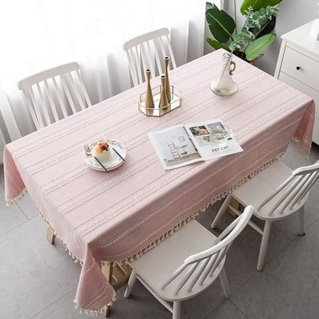 Ros - Rektangulär broderad bordsduk med fransar i slitstarkt linne