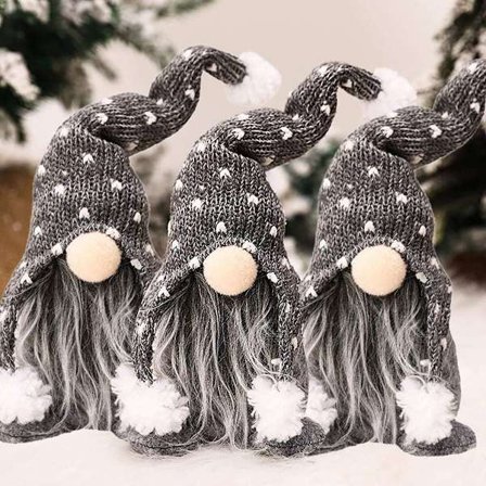 Sett med 3 håndlagde, myke jule-nisser, grå, 20 cm KLB