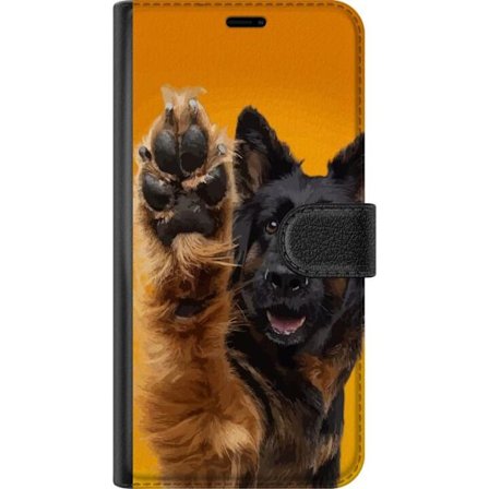 Kompatibelt Plånboksfodral till Xiaomi Xiaomi Redmi A3 Glad hund vinkar med tassen charmigt djurporträtt på gul bakgrund perfekt för hundälskare