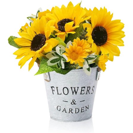 Konstgjorda solrosor, dekorativa konstgjorda blommor i kruka av metall