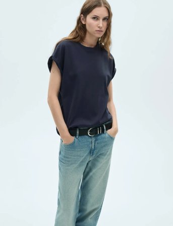 Mango Rounded Neck Cotton T-Shirt - Navy - XS