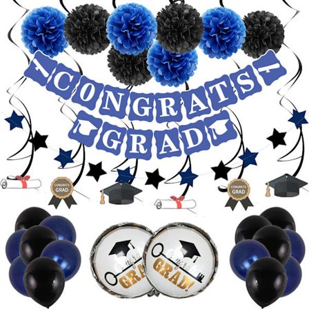 #Graduationsdekorationer Sort og Guld Tillykke Grad Bannere Papir Pom Poms Hængende Dekorationer Hvirvel Hvirvel Trekant Banner Girlander Balloner#
