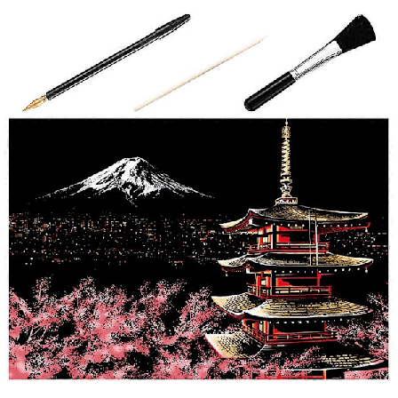 1 Sæt med 4 stk DIY Skrabebillede Mount Fuji Natscene Skrabende Tegning Maleri Papir Skrabekort Bambuspind Guldbelagt Pen Pensel