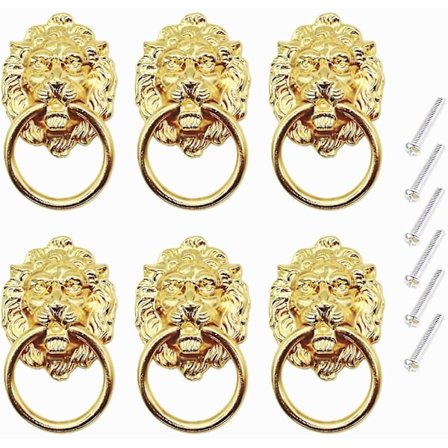 6 stk. løvehoved skuffegreb, guld skuffegreb med skruer antik stil møbelgreb til kommodeskuffe