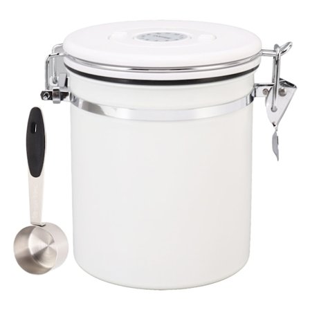 Kaffeboks i rustfritt stål med god tetning, lufttett oppbevaringsbeholder for matvarer med skje for bønner, te, nøtter, hvit, 1,5 l