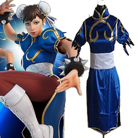 Pelihahmo Chun-li -asu Chun Li Cheongsam -mekko tarvikkeineen ja vyöllä