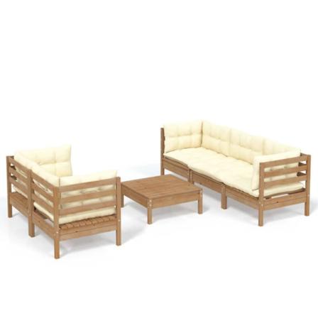 Vidaxl Loungegrupp Med Gräddvita Dynor 6 Delar Massiv Furu Brun