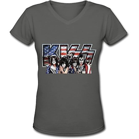 Svart T-shirt med V-ringad dam Rockband Kiss Freedom To Rock Tour 2016