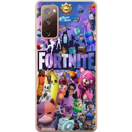 Yhteensopiva Puhelinkuori Samsung Samsung Galaxy S20 FE Fortnite kollaasi, jossa on ikonisia hahmoja, skinejä, Victory Royale ja vahvoja värejä, jo