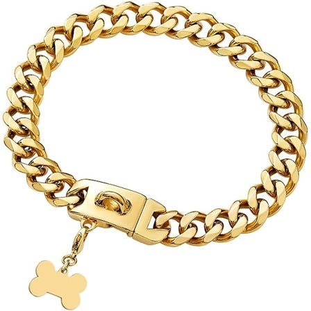 19MM Guldkedja Hundhalsband med Design Säker Spänne & ID-bricka, 18K