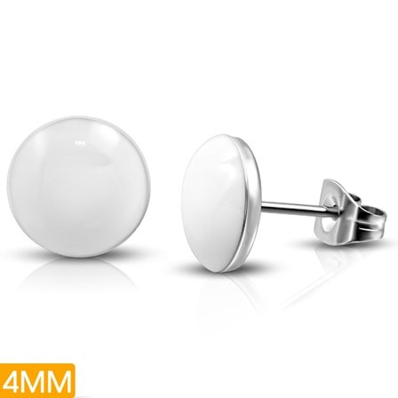 Stud Örhängen Stiftörhängen i Kirurgiskt Stål 316L i Silver Färg - Runda / Cirkel med Liten Vit Knapp - 4 mm