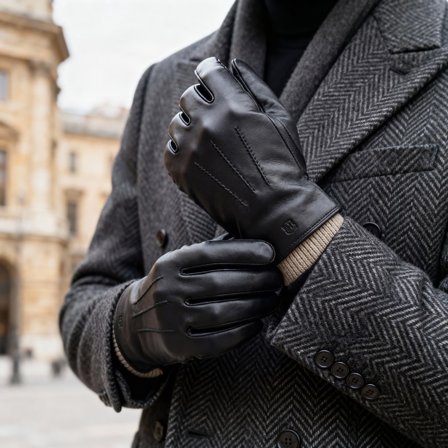 Luvas em Pele de Ovelha Preta com Punho Compatíveis com Ecrãs para homens - Luvas de inverno