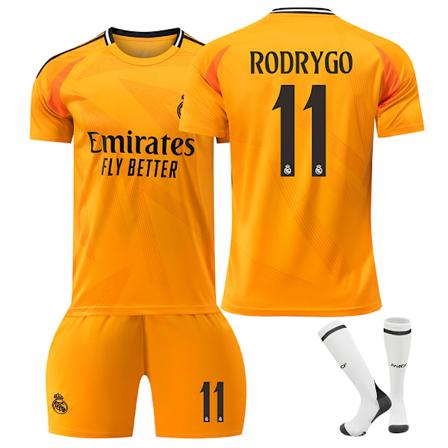 24-25 Real Madrid bortefotballdrakter Barnefotballsett No.11 Rodrygo L
