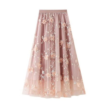 Naisten pitkä tyllihame 3D-kukkakirjailulla, yksivärinen, korkea vyötärö, verkko, midi, swing-hame (pinkki)