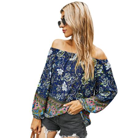 Sommar Print Axelbandslös Blus Kvinnor Printed Sexig Off Sho