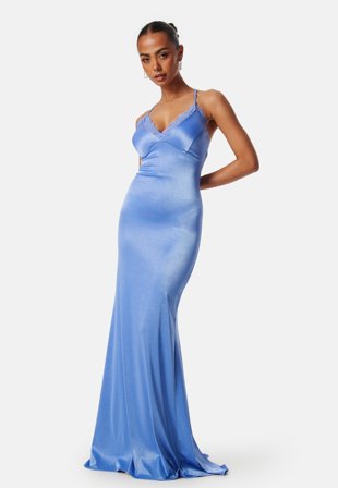 Goddiva - Satin Lace Trim Maxi Dress - Cornflower Blue - Kläder - - Bubbleroom