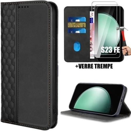 Fodral + 2 härdade glasögon för Samsung Galaxy S23 FE, repskyddande lädereffekt Elegant mosaikmönster svart (ej för S23) Svart