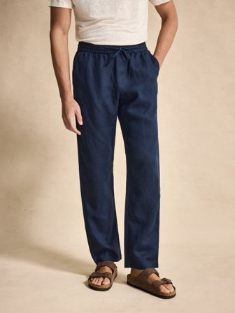 John Henric Men's Navy Blue Solid Drawstring Relaxed Fit Trousers Linen Size S