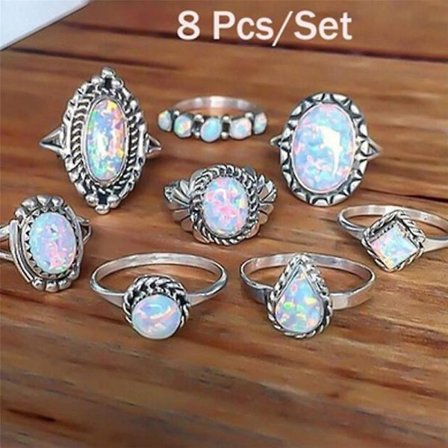 8 st/set Ring Silver Vit Eld Opal Ring Bröllop Förlovningsring Dam Smycken