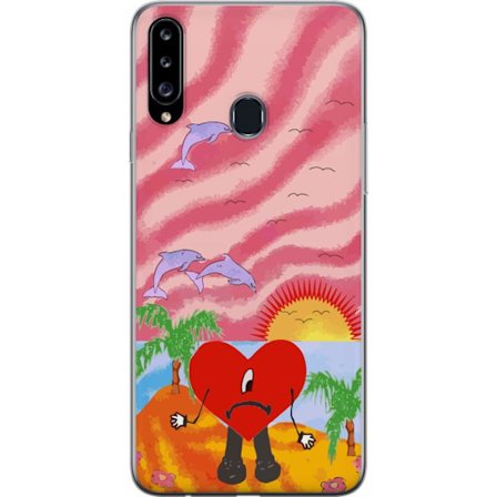 Kompatibelt Mobildeksel til Samsung Galaxy A20s Bad Bunny i en fargerik quiltet jakke med hjertemønster og solbriller i moderne gatestil