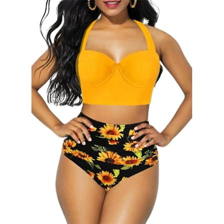 Blommigt print för kvinnor Vadderat set Push Up BH-topp + byxor med hög midja Baddräkt Sommar Strandsemester Sexiga badkläder Baddräkt Yellow XL