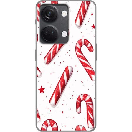Yhteensopiva Puhelinkuori OnePlus Nord 3 Jouluinen pallokuoseilla varustettu kuvio punaisilla ja valkoisilla piparminttutankoilla, tähdillä ja lumi yk