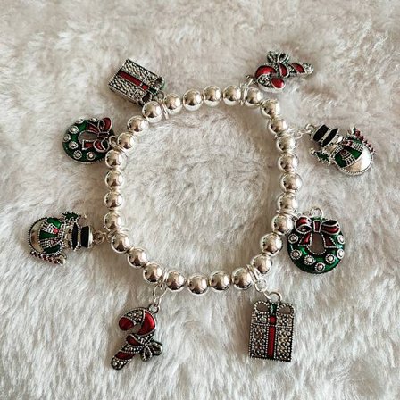 Vintage jul sølv charm perler perlearmbånd Stra