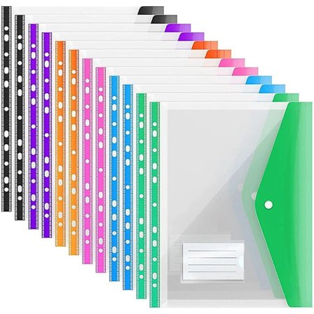 /EA/12-pak A4 plastlommer med knapper, udvidelige A4-lommer med huller til A4-ringbind, med tryklås