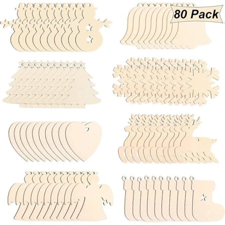 Nirvana 80 Stykker Træ Tags Juletræspynt, 8 Typer Håndværk Træ Tags Hængende Dekorationer Til Maleri, DIY Juledekoration Træ, Ch