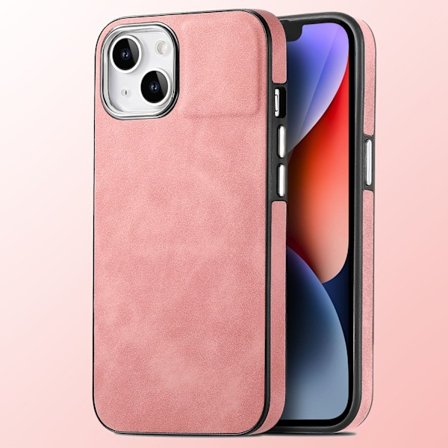 Etui til iPhone 14 Pro, pink, almindeligt læder, galvaniseret, med kortslot, hudfornemmelse