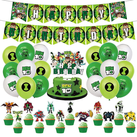 Ben 10 Tema Barn Grattis på födelsedagen Festtillbehör Banner Ballonger Kit Tårtdekorationer Cupcake Toppers Dekorationsset