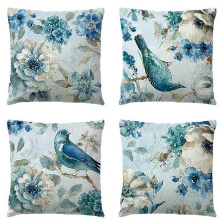 4 stk Blå Stil Blekk Blomst Fugl Lin Putetrekk Bil Sof