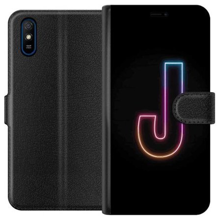 Kompatibel Tegnebogsetui til Xiaomi Xiaomi Redmi 9A Minimalistisk neonbogstav J i farveskiftende lys mod sort baggrund