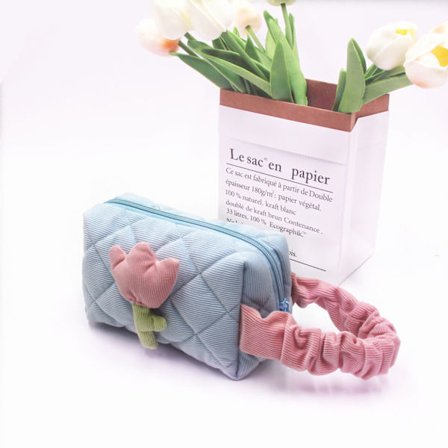 Kosmetikkveske med stor kapasitet i kordfløyel med tulipanmotiv, bærbar toalettmappe for jenter, lyseblå