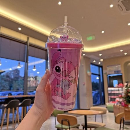 Drikkekop med låg og sugerør, dobbeltlags vandkop 450ML mælk te kop, dobbeltlags kaffekop, rejsekop, plastik krus med sugerør pink One Size